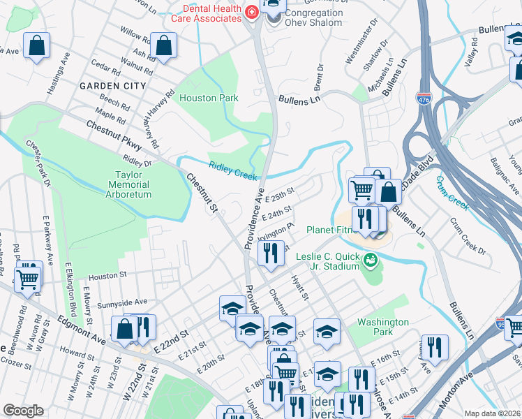 map of restaurants, bars, coffee shops, grocery stores, and more near 701 East 25th Street in Chester