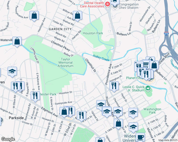 map of restaurants, bars, coffee shops, grocery stores, and more near 2700 Chestnut Street in Chester