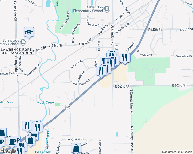 map of restaurants, bars, coffee shops, grocery stores, and more near 11645 Newport Drive in Indianapolis