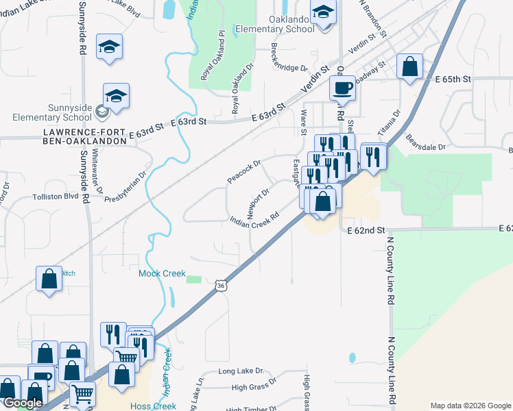 map of restaurants, bars, coffee shops, grocery stores, and more near 11620 Newport Drive in Indianapolis