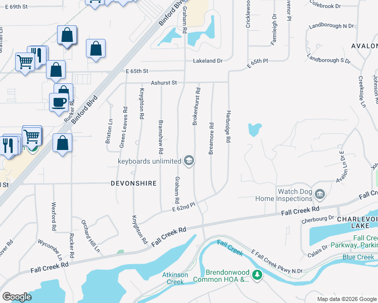 map of restaurants, bars, coffee shops, grocery stores, and more near 6319 Graham Road in Indianapolis