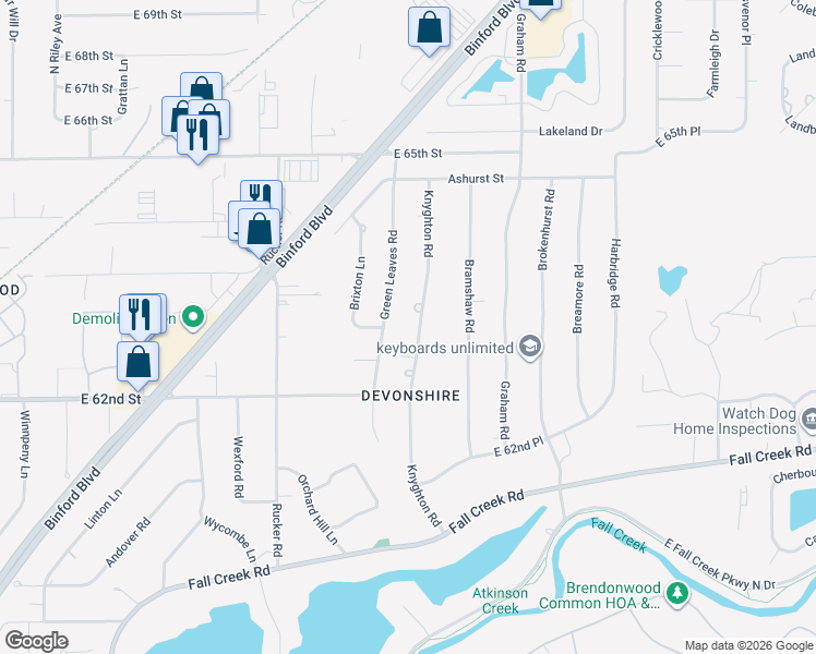 map of restaurants, bars, coffee shops, grocery stores, and more near 6305 Green Leaves Road in Indianapolis