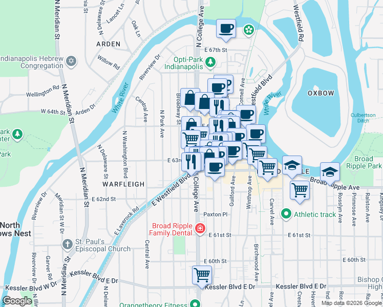 map of restaurants, bars, coffee shops, grocery stores, and more near 6346 North College Avenue in Indianapolis