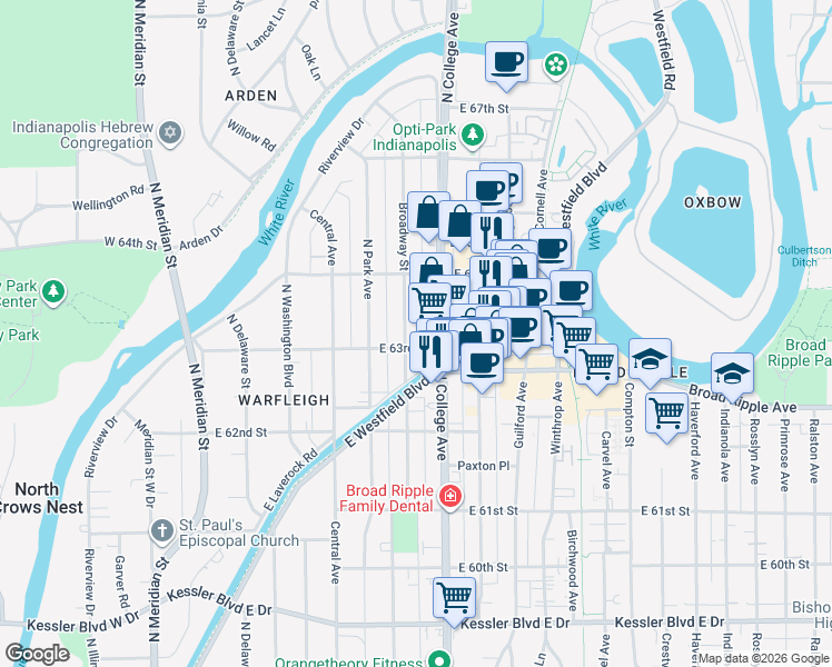 map of restaurants, bars, coffee shops, grocery stores, and more near 6346 North College Avenue in Indianapolis