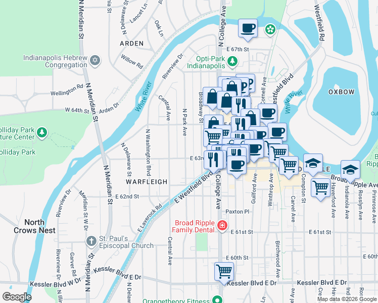 map of restaurants, bars, coffee shops, grocery stores, and more near 6332 Broadway Street in Indianapolis