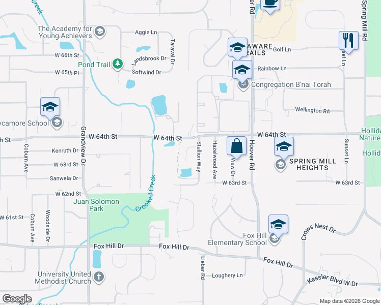 map of restaurants, bars, coffee shops, grocery stores, and more near 1005 West 64th Street in Indianapolis