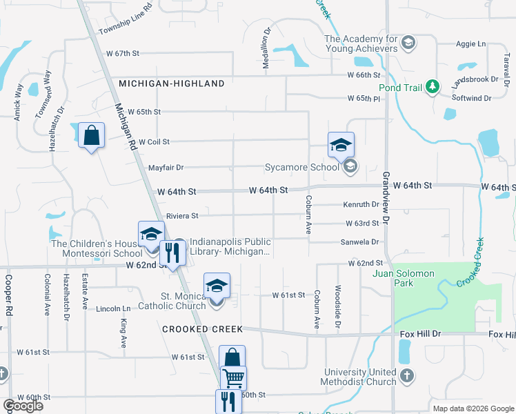 map of restaurants, bars, coffee shops, grocery stores, and more near 2001 West 64th Street in Indianapolis