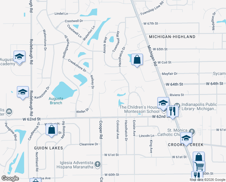 map of restaurants, bars, coffee shops, grocery stores, and more near 2947 Hazelview Lane in Indianapolis