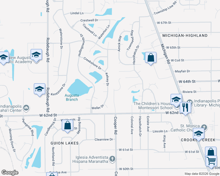 map of restaurants, bars, coffee shops, grocery stores, and more near 6360 Faith Circle in Indianapolis