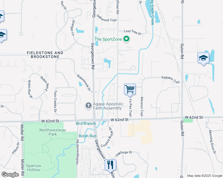 map of restaurants, bars, coffee shops, grocery stores, and more near 4835 Pebble Way East in Indianapolis