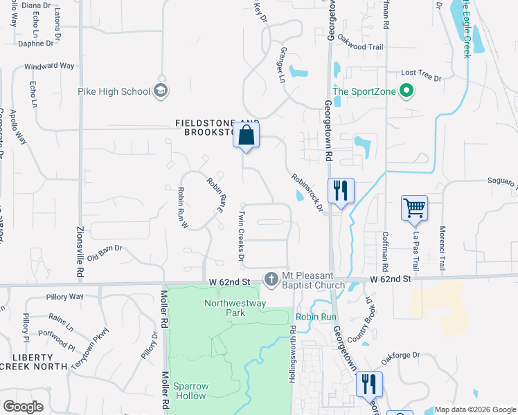 map of restaurants, bars, coffee shops, grocery stores, and more near 6368 Stonecreek Drive in Indianapolis