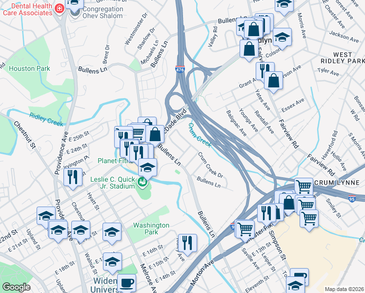 map of restaurants, bars, coffee shops, grocery stores, and more near 232 Crum Creek Drive in Woodlyn