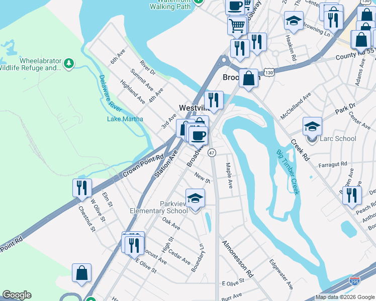 map of restaurants, bars, coffee shops, grocery stores, and more near 153 Crown Point Road in Westville
