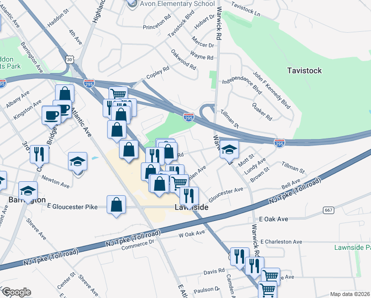 map of restaurants, bars, coffee shops, grocery stores, and more near 11b Lawnside Plaza Road in Lawnside