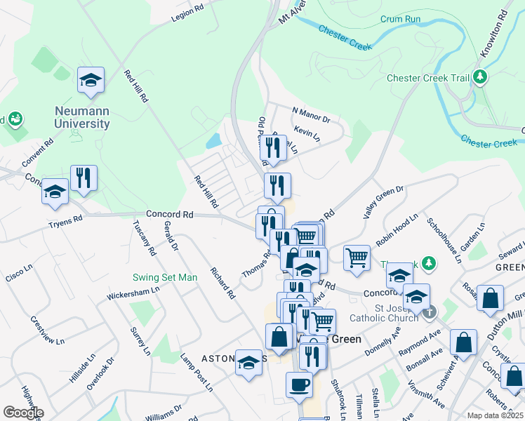 map of restaurants, bars, coffee shops, grocery stores, and more near 5211 Pennell Road in Media