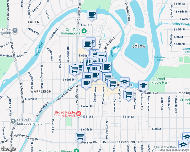 map of restaurants, bars, coffee shops, grocery stores, and more near 6330 Guilford Avenue in Indianapolis