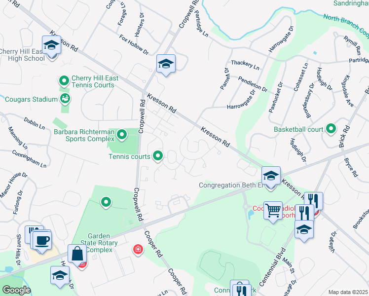 map of restaurants, bars, coffee shops, grocery stores, and more near 944 Chanticleer in Cherry Hill Township