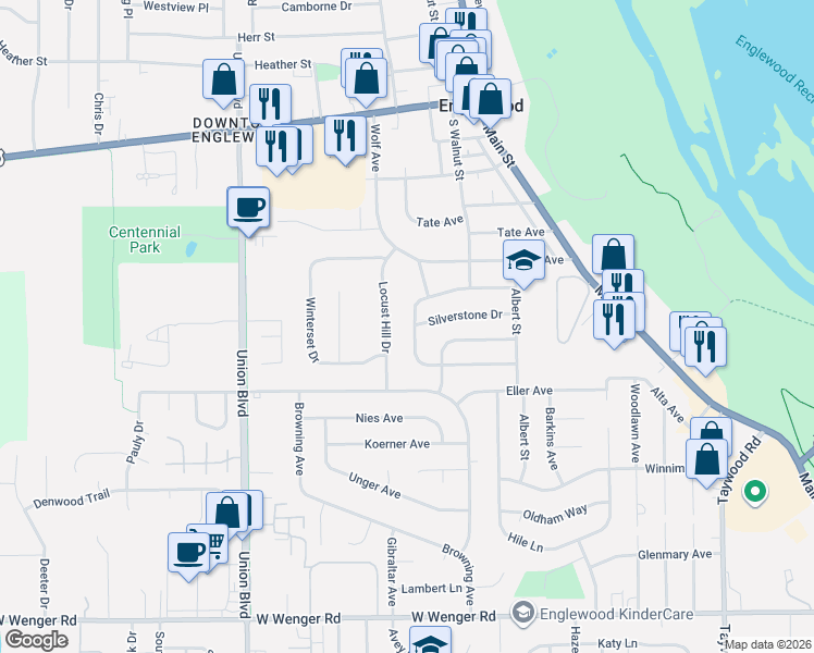 map of restaurants, bars, coffee shops, grocery stores, and more near 304 Brownstone Drive in Englewood