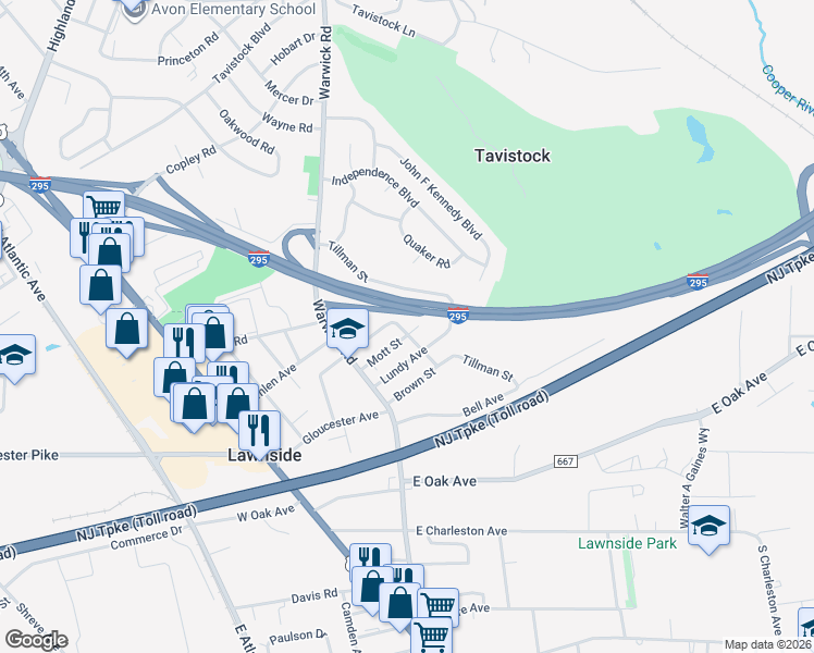 map of restaurants, bars, coffee shops, grocery stores, and more near 37 East Phoenix Avenue in Lawnside