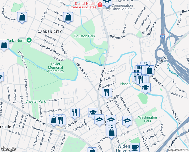 map of restaurants, bars, coffee shops, grocery stores, and more near 2507 Chestnut Street in Chester