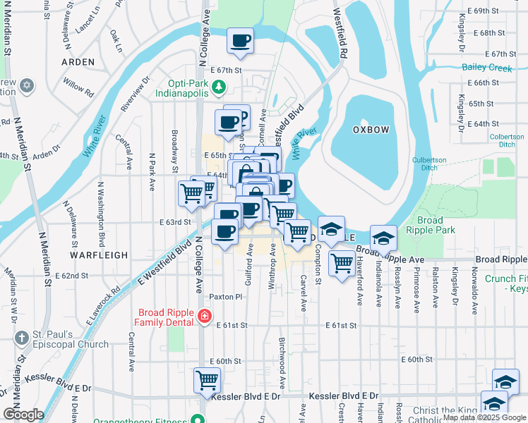 map of restaurants, bars, coffee shops, grocery stores, and more near 6344 Cornell Avenue in Indianapolis