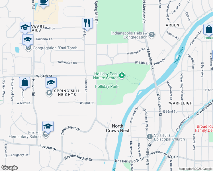 map of restaurants, bars, coffee shops, grocery stores, and more near 6363 Spring Mill Road in Indianapolis