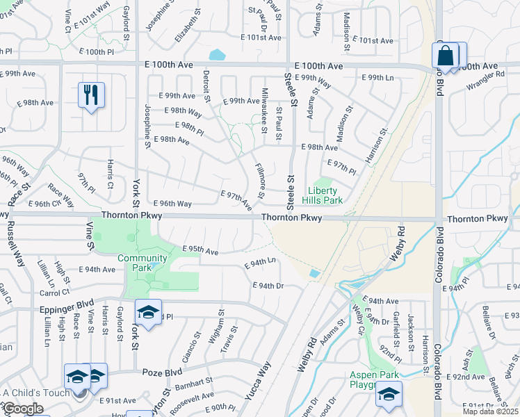 map of restaurants, bars, coffee shops, grocery stores, and more near 9700 Detroit Street in Thornton