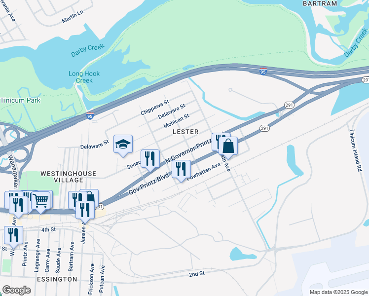 map of restaurants, bars, coffee shops, grocery stores, and more near in Tinicum Township