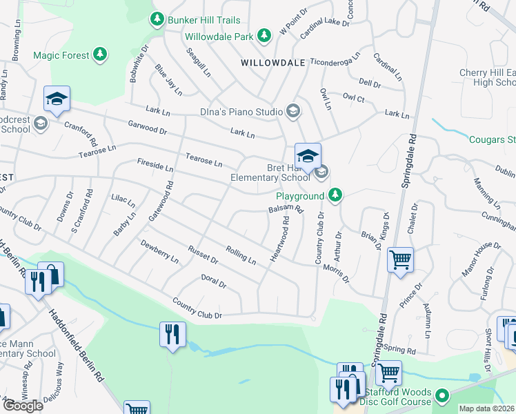 map of restaurants, bars, coffee shops, grocery stores, and more near 1806 Fireside Lane in Cherry Hill