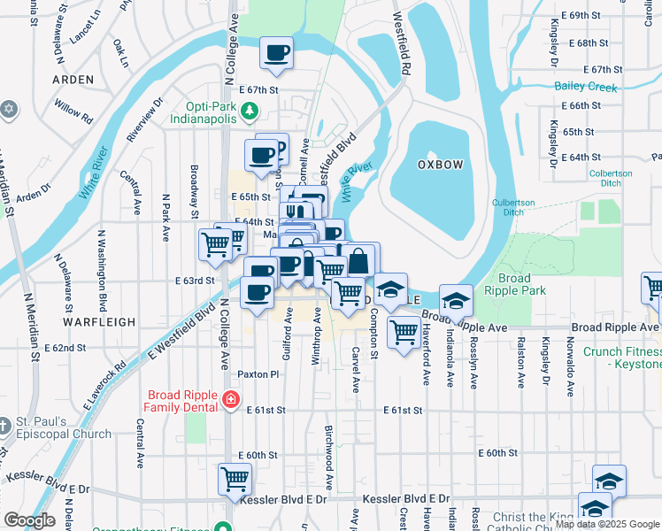 map of restaurants, bars, coffee shops, grocery stores, and more near 6311 Westfield Boulevard in Indianapolis