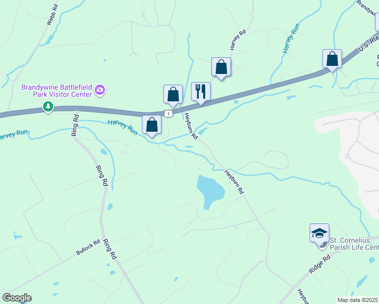 map of restaurants, bars, coffee shops, grocery stores, and more near 40 Heyburn Road in Chadds Ford