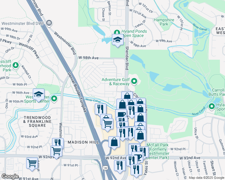 map of restaurants, bars, coffee shops, grocery stores, and more near 5403 West 96th Avenue in Westminster