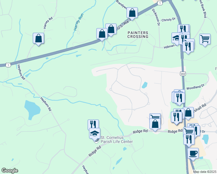 map of restaurants, bars, coffee shops, grocery stores, and more near 7 Evergreen Place in Chadds Ford