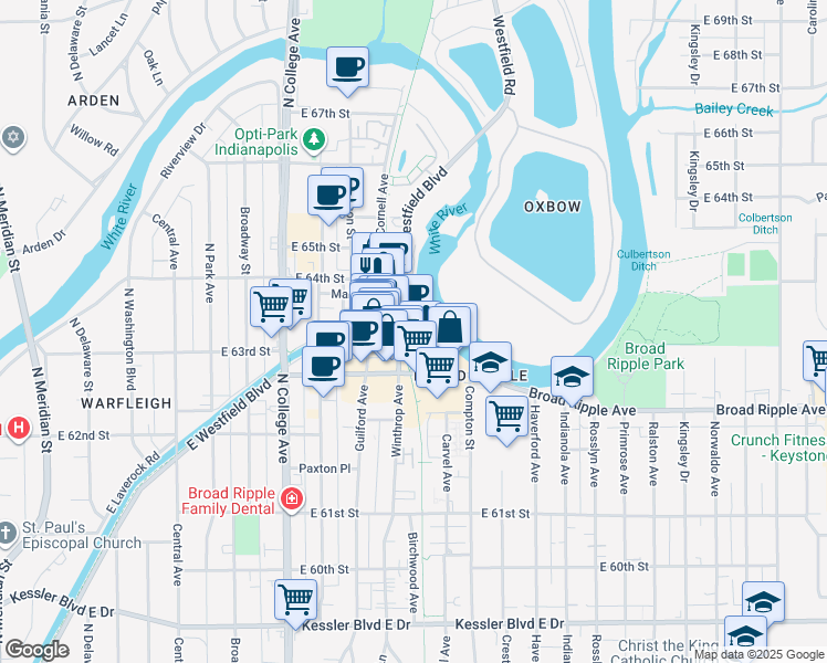 map of restaurants, bars, coffee shops, grocery stores, and more near 6311 Westfield Boulevard in Indianapolis