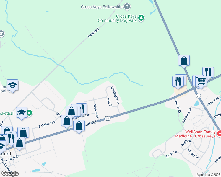 map of restaurants, bars, coffee shops, grocery stores, and more near 20 Chinkapin Drive in New Oxford