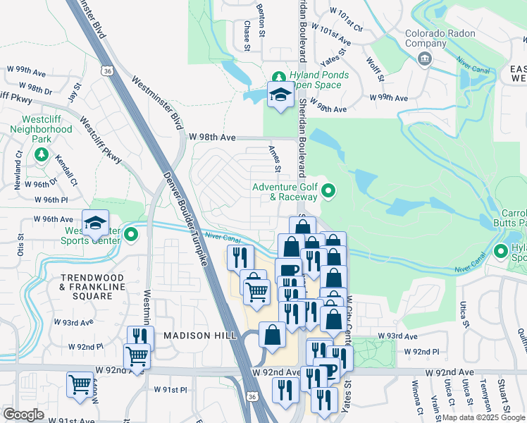 map of restaurants, bars, coffee shops, grocery stores, and more near 5403 West 96th Avenue in Westminster
