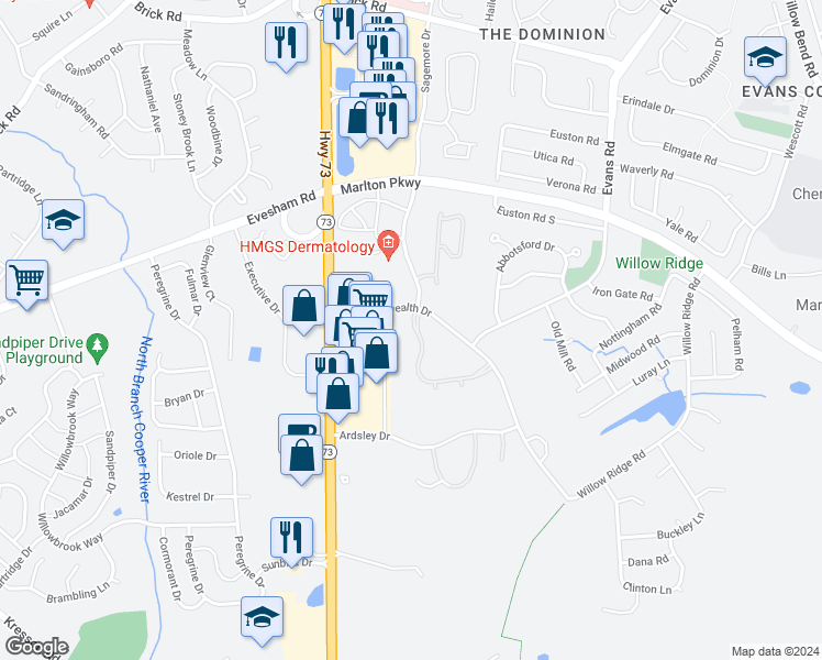 map of restaurants, bars, coffee shops, grocery stores, and more near 1 Meridian Court in Evesham