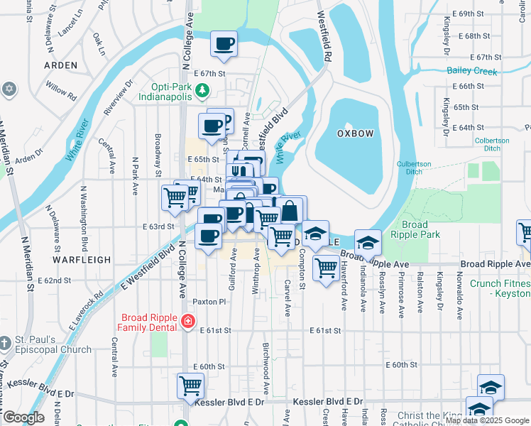 map of restaurants, bars, coffee shops, grocery stores, and more near 6311 Westfield Boulevard in Indianapolis