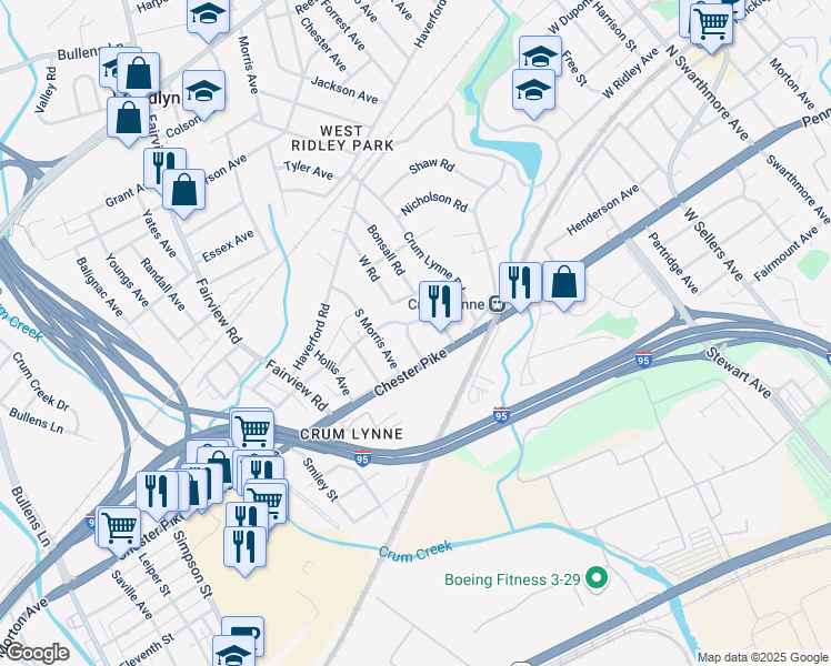 map of restaurants, bars, coffee shops, grocery stores, and more near 317 Sloan Street in Crum Lynne