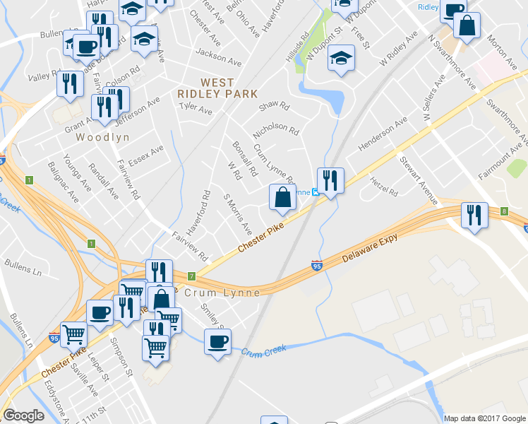 map of restaurants, bars, coffee shops, grocery stores, and more near 317 Sloan Street in Crum Lynne