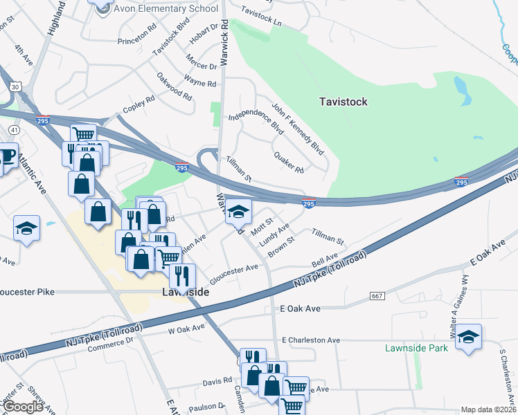 map of restaurants, bars, coffee shops, grocery stores, and more near 37 East Phoenix Avenue in Lawnside