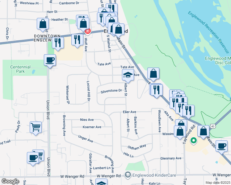 map of restaurants, bars, coffee shops, grocery stores, and more near 107 Silverstone Drive in Englewood