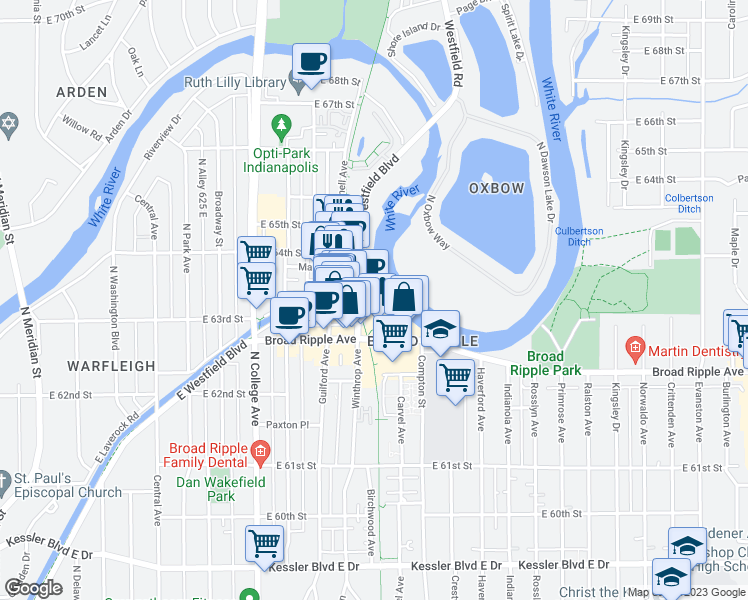 map of restaurants, bars, coffee shops, grocery stores, and more near 6311 East Westfield Boulevard in Indianapolis