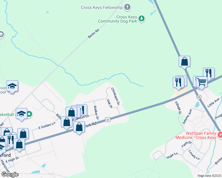 map of restaurants, bars, coffee shops, grocery stores, and more near 20 Chinkapin Drive in New Oxford