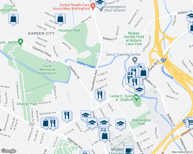 map of restaurants, bars, coffee shops, grocery stores, and more near 701 East 25th Street in Chester