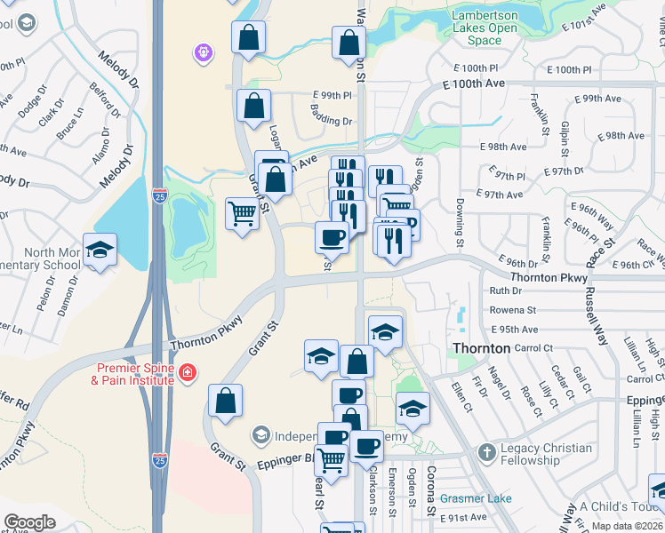 map of restaurants, bars, coffee shops, grocery stores, and more near 635 Thornton Parkway in Thornton