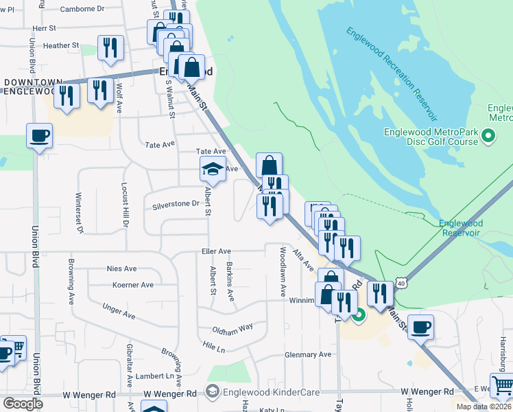 map of restaurants, bars, coffee shops, grocery stores, and more near 519 South Main Street in Englewood