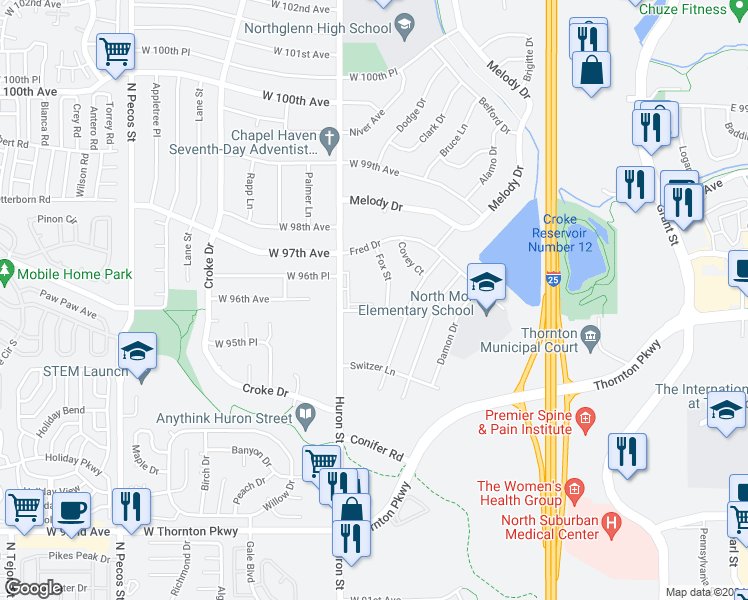 map of restaurants, bars, coffee shops, grocery stores, and more near 707 West 96th Avenue in Thornton