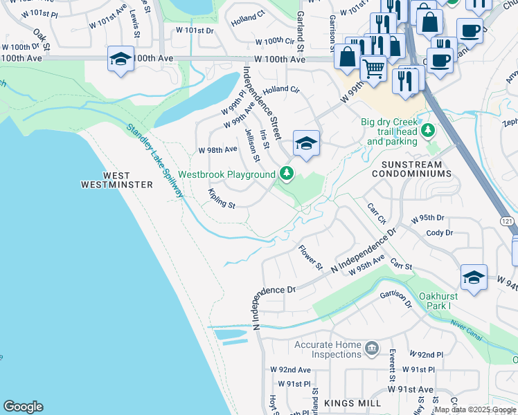 map of restaurants, bars, coffee shops, grocery stores, and more near 9703 Kipling Street in Westminster