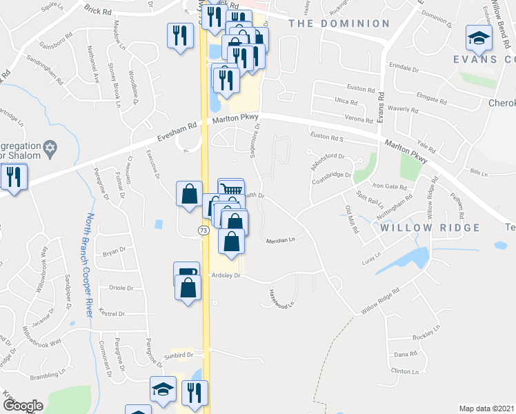 map of restaurants, bars, coffee shops, grocery stores, and more near 1 Meridian Court in Evesham